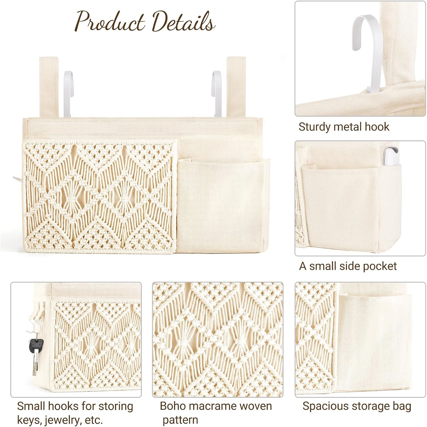 Mkono Bedside Caddy, Macrame Hanging Organizer, 4 Pockets Ivory Metal Hooks | Dorm Room Essentials, Boho Storage, Bunk Loft Bed Bedroom Nursery, Laptop Phone Remote Magazine Glasses, Fixed Straps