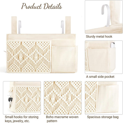 Mkono Bedside Caddy, Macrame Hanging Organizer, 4 Pockets Ivory Metal Hooks | Dorm Room Essentials, Boho Storage, Bunk Loft Bed Bedroom Nursery, Laptop Phone Remote Magazine Glasses, Fixed Straps