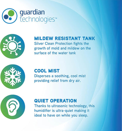 Pure Guardian H910BL Ultrasonic Cool Mist Humidifier, 14 Hrs. Run Time, 210 Sq. Ft. Coverage, Small Rooms, Quiet, Filter Free