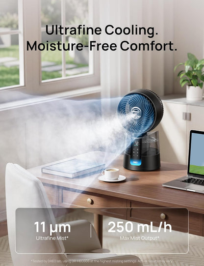 DREO TurboCool Misting Fan 516, 5℉ Drop Cooling Fans that Blow Cold Air | 150°+30° Omni-directional Oscillating, Evaporative air cooler, 26 ft/s Wind, Ultrafine Mist, 20dB, 6 Speeds 2 Modes, White