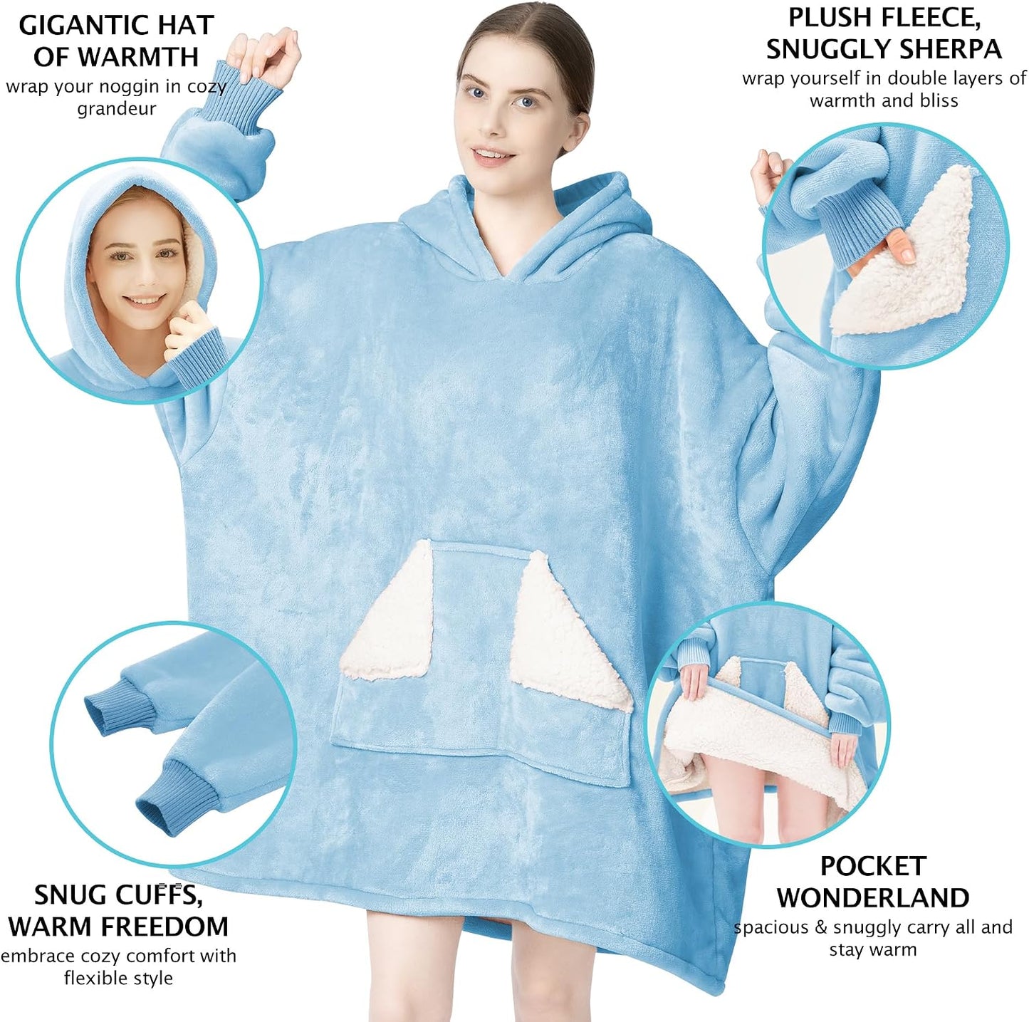Wearable Blanket Hoodie, Oversized Sherpa Fleece Sweatshirt Blanket with Giant Hood Pocket and Sleeves for Adult, Warm & Cozy Grey Blanket Gifts for Women
