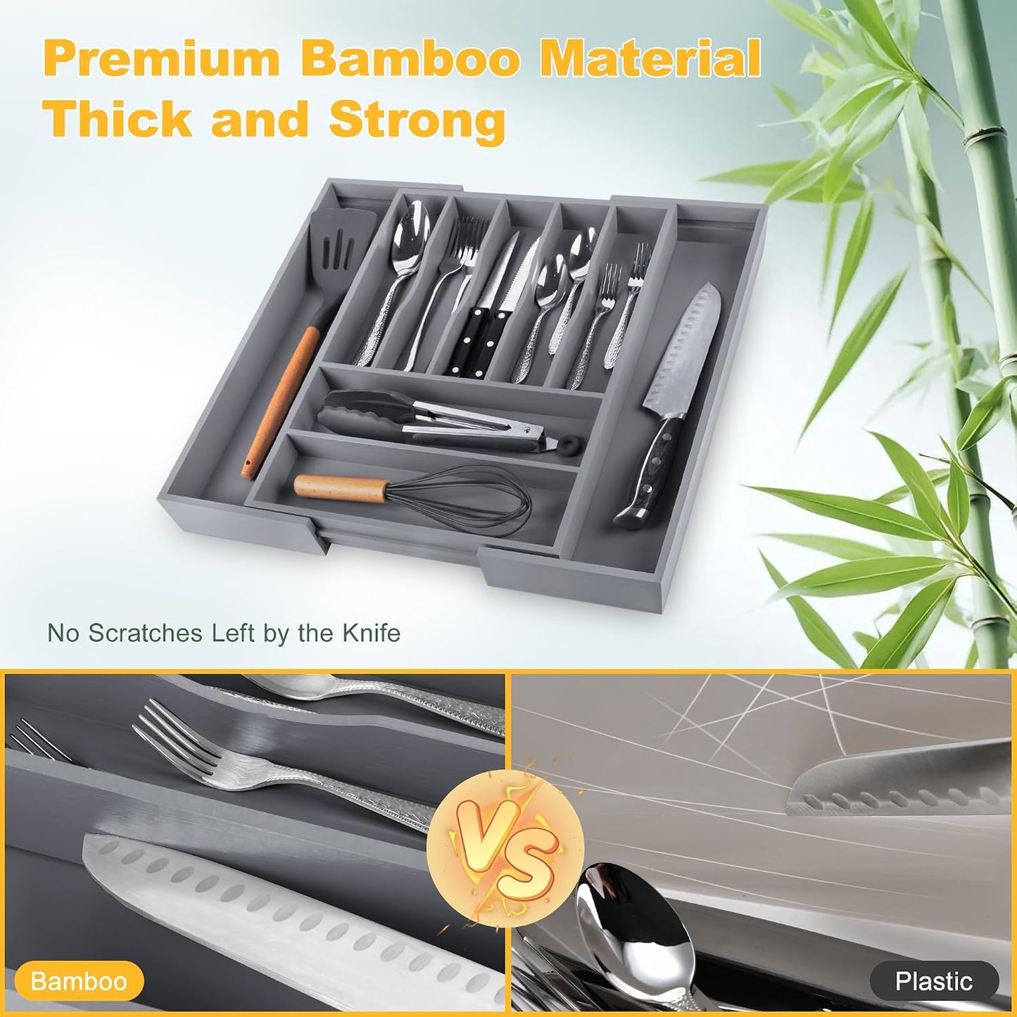 Expandable Bamboo Kitchen Drawer Organizer for Cutlery and Utensils, Adjustable Bamboo Wood Cutlery Tray in Drawer for Flatware and Silverware in Kitchen, (Natural)