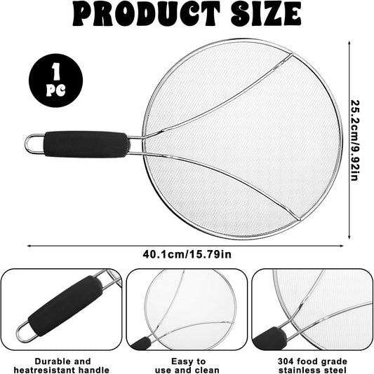 Splatter Screen, 10’’ Stainless Steel Splatter Guard for Frying Pan Grease Splatters Guard with Grip Handle Fine Mesh Oil Splash Screen Pan Cover When Sizzling Bacon, Cooking Fried Chicken or Popcorn