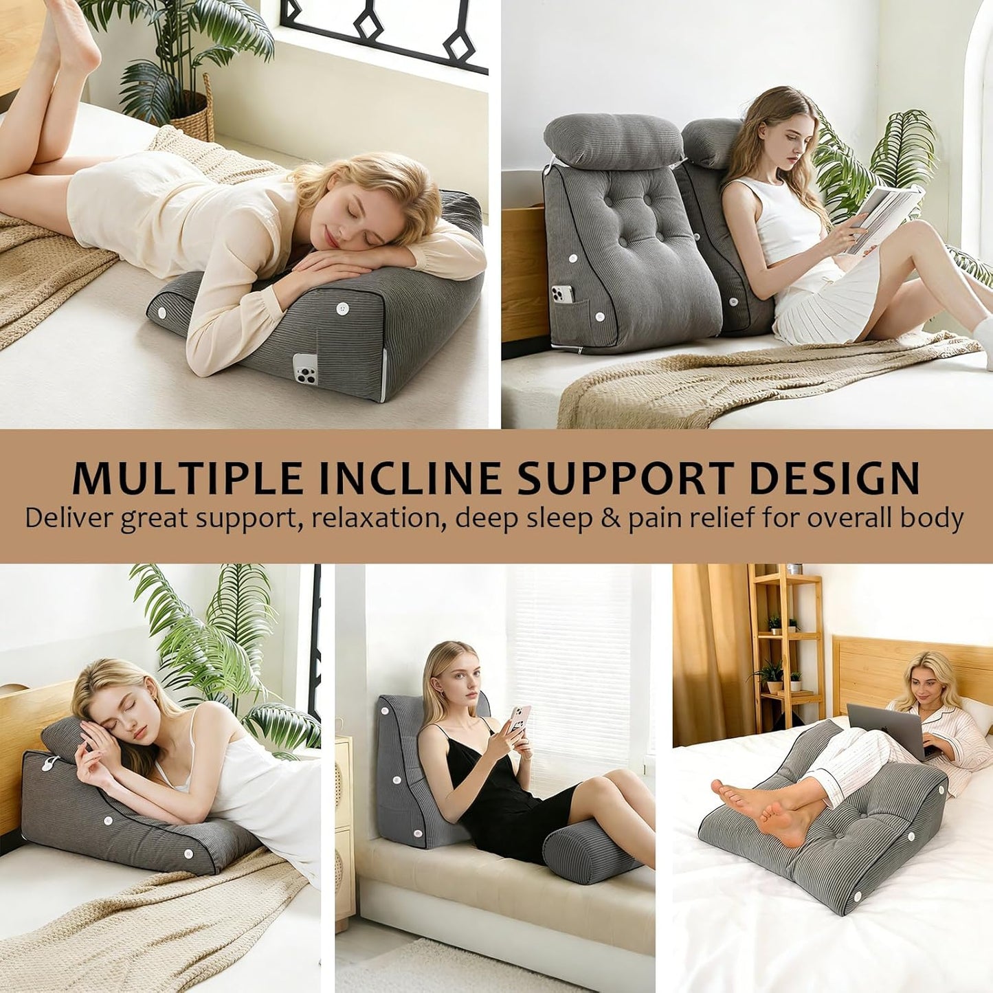 Wedge Pillow – Reading & Bed Rest Pillow for Sitting in Bed, Couch, or Floor, Multi-Purpose Headboard Wedge for Sleeping, After Surgery, Leg & Back Support, Neck Cushion & Washable Cover, Dark Gray