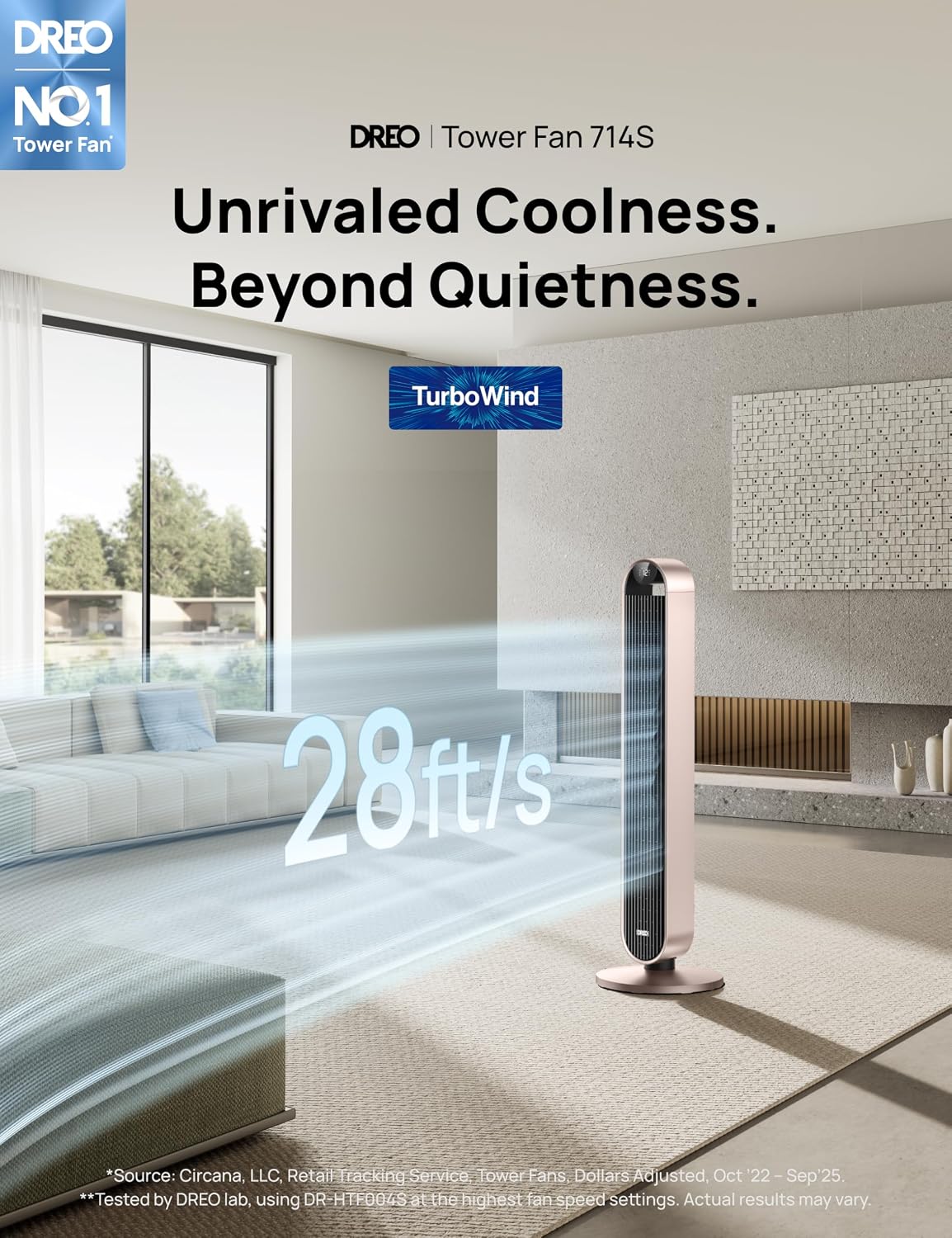 DREO Smart Tower Fan for Bedroom, 120° Oscillating Fan, 20dB Quiet DC Motor | 28ft/s Airflow, 12 Speeds, 4 Modes Bladeless Standing Fan, 12H Timer Cooling Fan for Home, Living Room, App & Alexa Control