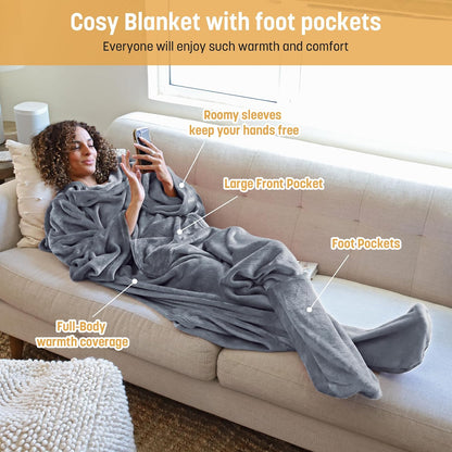 Catalonia Wearable Blanket with Sleeves & Foot Pocket for Adults | Soft Fleece Throw Wrap with Hands-Free Comfort, Perfect for Reading, TV Time & Relaxing, Christmas Gift for Women & Men