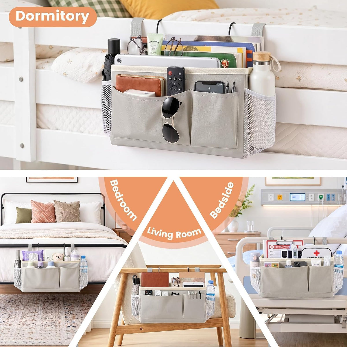 Fab totes Bedside Caddy for Dorm Bed, Bedside Storage Bag Hanging Organizer