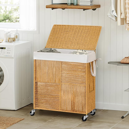 WOWLIVE Double Laundry Hamper with Wheels, Handwoven Rolling Laundry Basket | 115L Dirty Clothes Hamper with Lid, Removable Liner Bag, Large Capacity Laundry Sorter Laundry Room Organization, Green