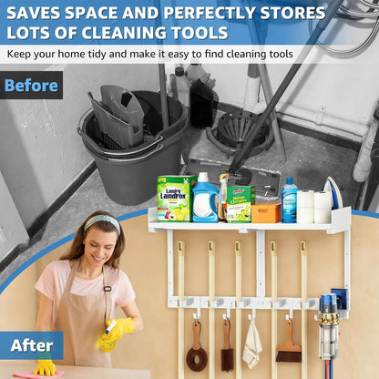 27" Mop and Broom Holder Wall Mount with Top Storage Shelf & Hooks,Black | Mop Hanger Wall Mount, 5 Grippers, 5 Hooks, Wall Organizer For Laundry Room, Garage And Kitchen