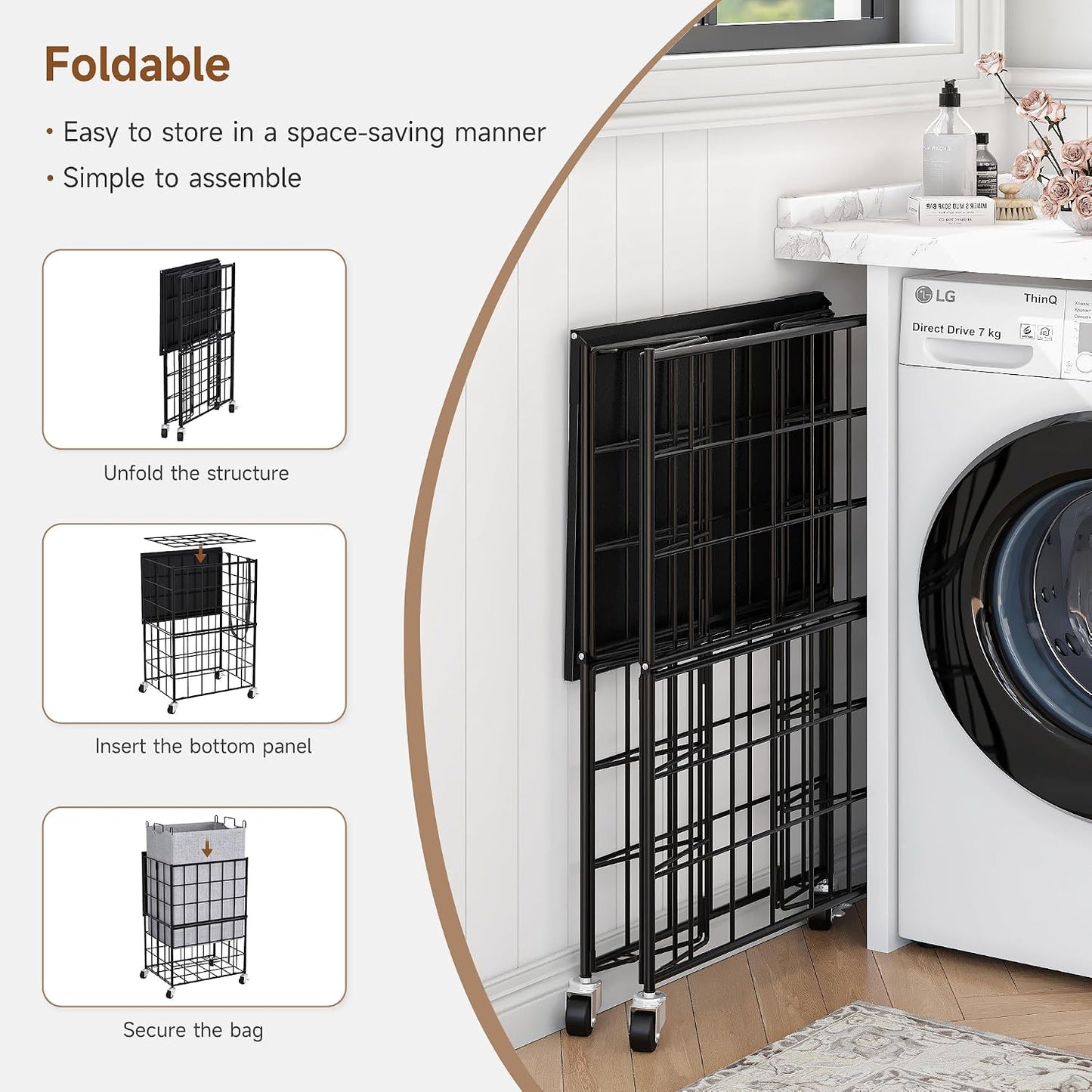 90L Laundry Basket with Wheels, Large Capacity Laundry Hamper with Removable Liner Bags, Heavy Duty Laundry Sorter with Solid Wood Lid & Leather Handles, Grey