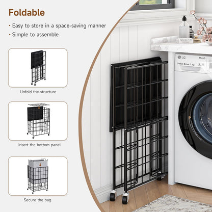 90L Laundry Basket with Wheels, Large Capacity Laundry Hamper with Removable Liner Bags, Heavy Duty Laundry Sorter with Solid Wood Lid & Leather Handles, Grey