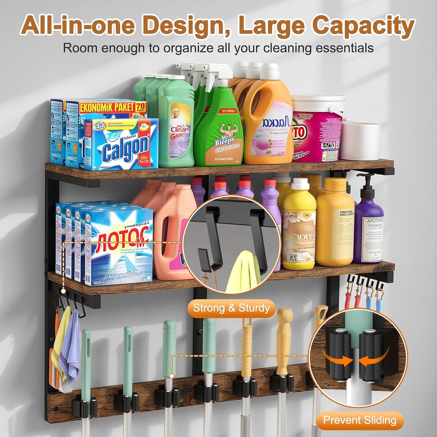 Housolution Wall Mount Broom Holder Hanger Laundry Room Storage Shelves | Thickened Metal Frame, 100 LBS High Load-Bearing, Large Capacity, Multifunctional with 7 Grippers & 8 Hooks