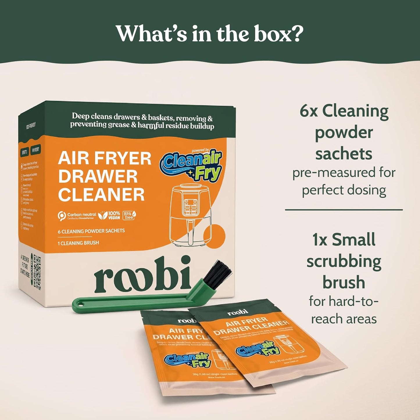 Roobi Air Fryer Cleaner, 6 Powder Sachets + Brush | Deep Cleans Drawer, Basket & Grill Without Scrubbing, Coating-Safe, Food-Contact Safe, Organic