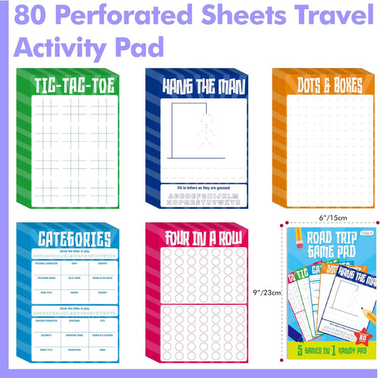 Road Trip Game Pad, 80 Perforated Sheets Travel Activity Pad, 5 Games in 1 Pad, Plane, Car Trip Activity, Pen Pencil & Paper Game for Kids, Adults (6” x 9”)