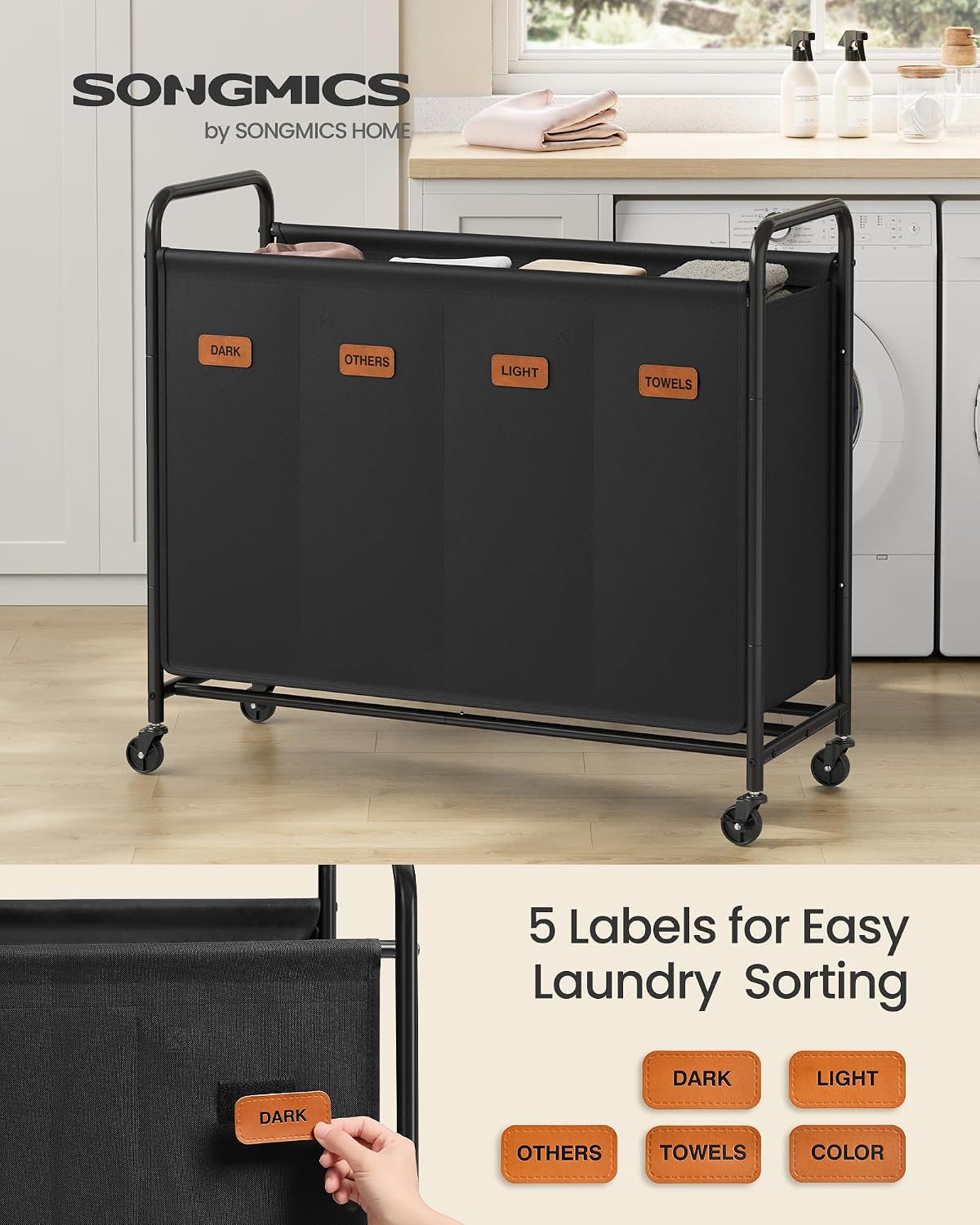 SONGMICS 2-Section Laundry Sorter, Laundry Hamper with Wheels, Rolling Clothes Hamper Cart with Large Capacity and Removable Bags, for Laundry Room, Bedroom, Bathroom, Ink Black URLS210B01 | Rolling Clothes Hamper Cart, Large Capacity, for Laundry Room,