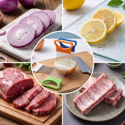 4Pcs Onion Slicer Holder, Onion Slicing Holder Cutter Tool | Stainless Steel Veg Cutter with Cover, Food Slicer Assistant Tool for Tomato Lemon Avocados Vegetables Fruit