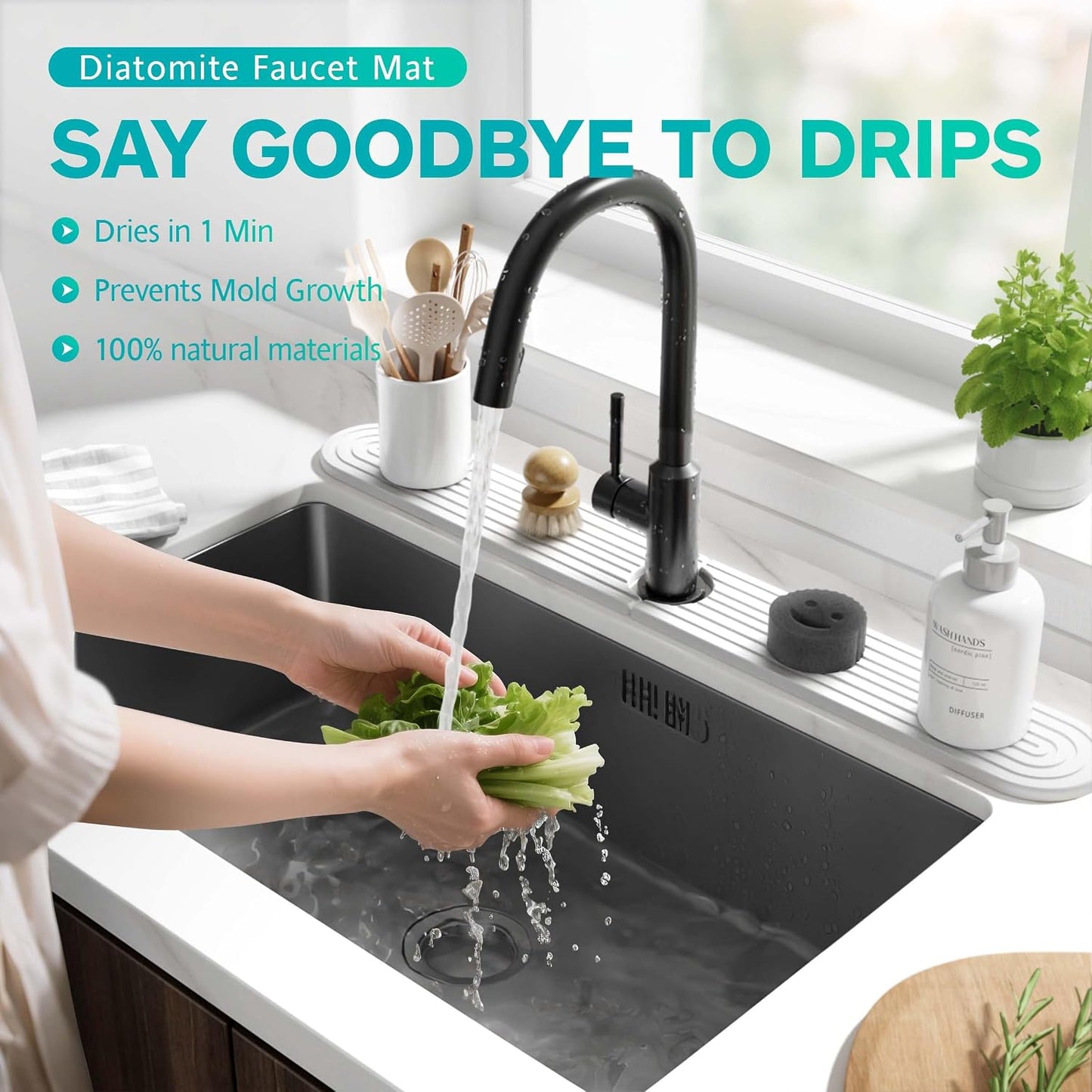 Stone Faucet Mat for Kitchen Sink – Diatomite Fast-Drying Stone Tray, Faucet Mat Sink Splash Guard, Decorative Sink Protector for Kitchen Bathroom Counter (Light Grey, 20''x3.9'')