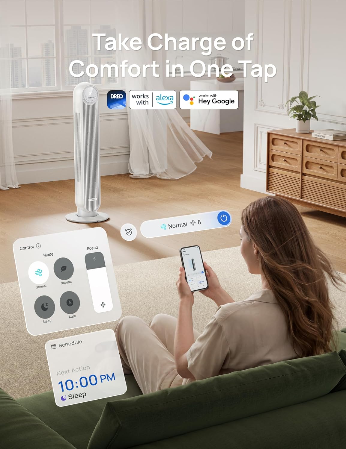 DREO Tower Fan for Bedroom, 28ft/s High Velocity, 9 Speeds, DC Motor