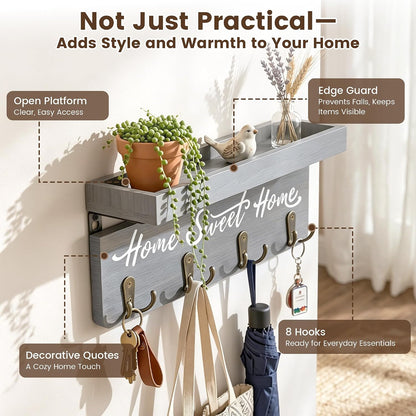 buways Key Holder Wall Mount with 8 Hooks and Cozy Home Sign (Gray) | Solid Wood, Floating Shelf for Keys, Mail, and Daily Essentials in Entryways, Hallways or Home Decor