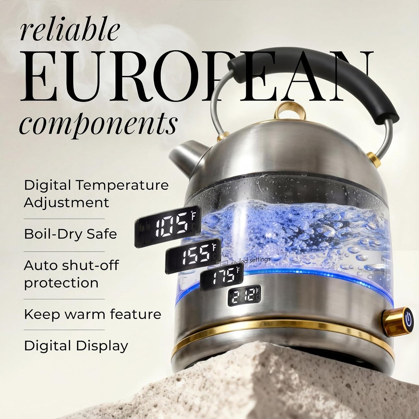 Styled Settings Stainless Steel Electric Kettle with Temperature Control | BPA and Plastic Free Electric Kettle with Keep Warm Function, Borosilicate Glass -1500W Hot Water Boiler with Digital Display