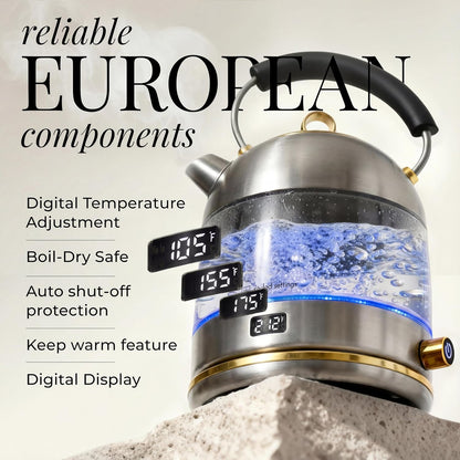 Styled Settings Stainless Steel Electric Kettle with Temperature Control | BPA and Plastic Free Electric Kettle with Keep Warm Function, Borosilicate Glass -1500W Hot Water Boiler with Digital Display