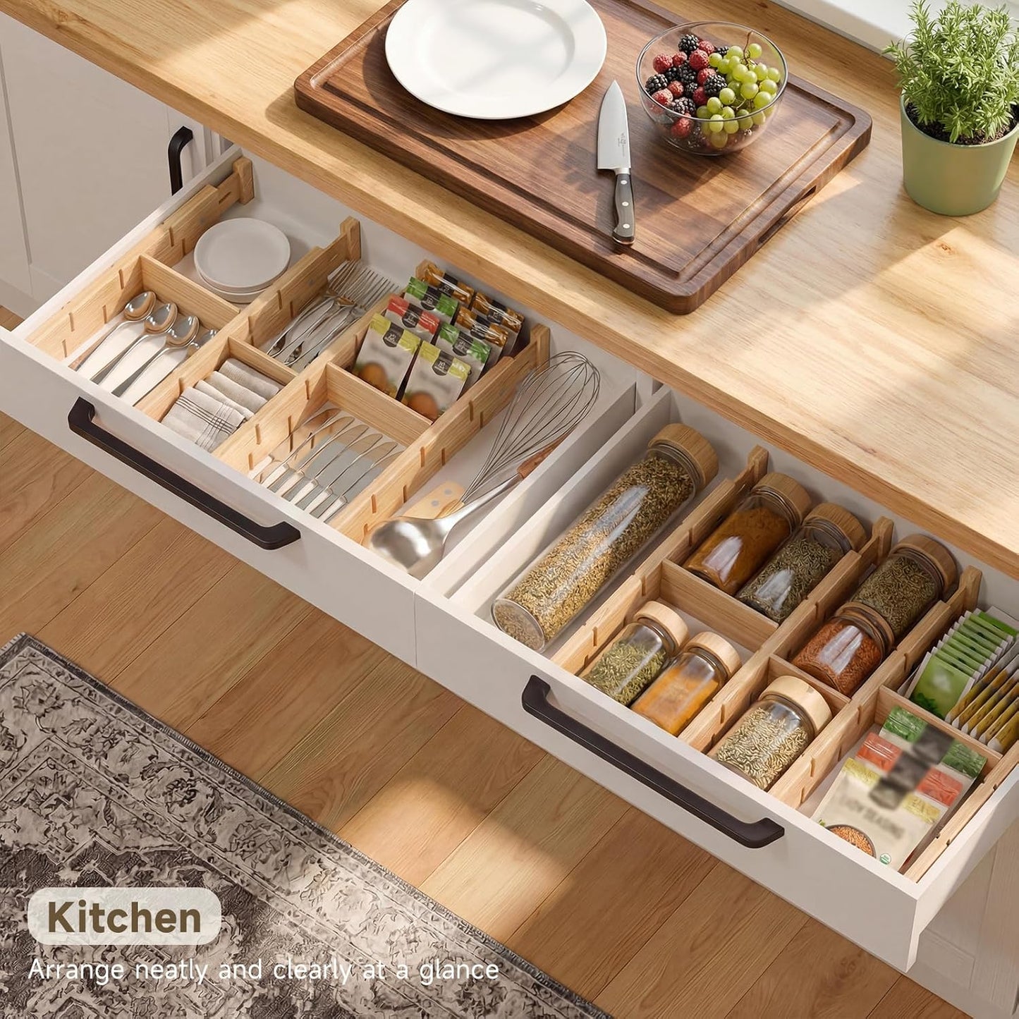 Bamboo Drawer Dividers, Expandable Kitchen Drawer Organizer | Include 6 Dividers, 6 Small Inserts and 6 Medium Inserts for Home, Office, Dressers