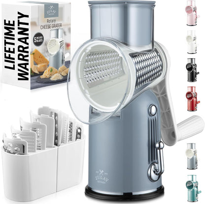 Zulay Kitchen Rotary Cheese Grater 5 Blade Cheese Shredder - Manual Hand Crank Cheese Grater With Reinforced Suction & 5 Interchangeable Drums - Easy to Use, Vegetable Chopper Round Mandoline Slicer - Colors A
