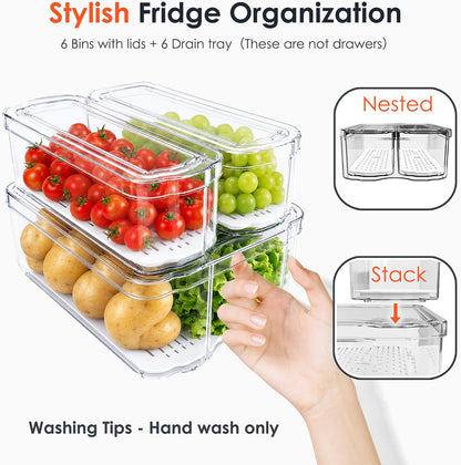 SMRCAD 6 Pack Clear Fridge Organizer Bins with Drain Trays - Stackable | BPA-Free PET, 6 Pack: 6 lidded Bins (Not drawer), Helps Keep Produce Fresh, 14L Capacity, Hand Wash Only