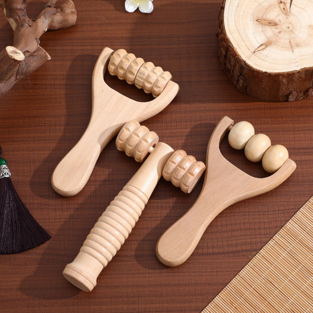 Wooden Massage Roller Tool Set Handheld Foot and Body Massager for Neck Shoulder and Muscle Portable 5.90X3.14X1.18In Wood Massager Wood Massage Tools Wooden, 3 PCS