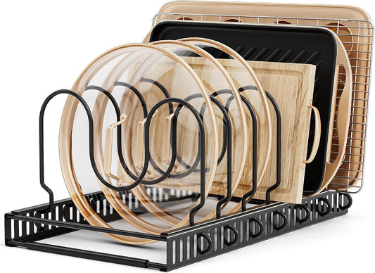 MUDEELA Pot Lid Organizer for Cabinet, Adjustable Baking Pan Rack 7 Slots | 7 Adjustable Divider, Tool-Free Assembly,Non-Slip, Scratch-Proof, Sturdy Metal Frame, For Pan Lid Cutting Board Bakeware