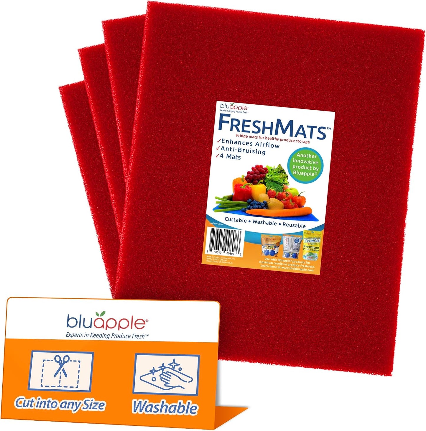 Bluapple FreshMats - Refrigerator Bin Liners, Fridge Drawer Mats - Keeps Produce Fresh Longer, Prevents Bruising, Promotes Air Circulation - BPA-Free Polyurethane Foam - (4-Piece Set, 12"x15", Green)