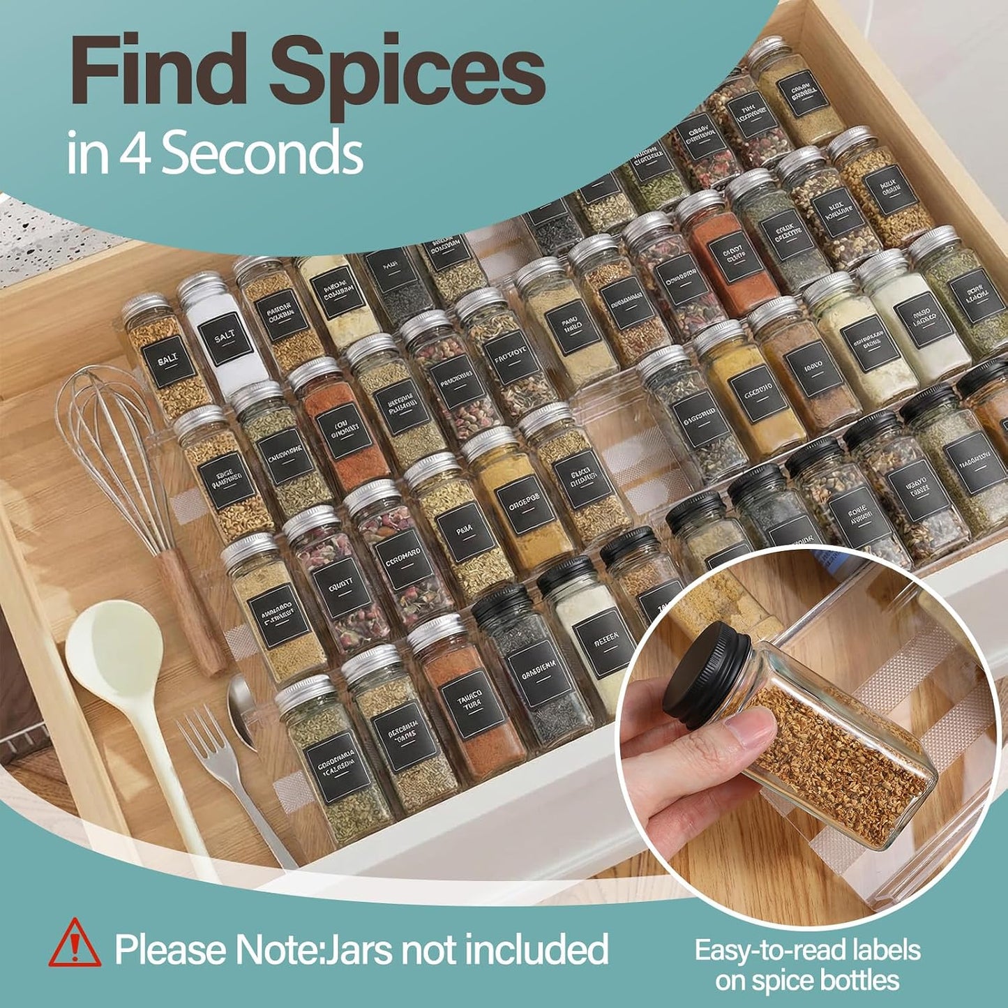 8 Pack Spice Drawer Organizer with 18 Anti-Slip Mats, 13" to 26" Expandable Acrylic Seasoning Organizer Rack Tray Kitchen Spice Rack Drawer Holds up to 56 Jars (Jars Not Included)