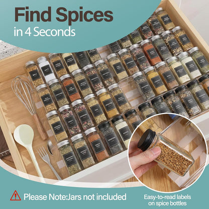 8 Pack Spice Drawer Organizer with 18 Anti-Slip Mats, 13" to 26" Expandable Acrylic Seasoning Organizer Rack Tray Kitchen Spice Rack Drawer Holds up to 56 Jars (Jars Not Included)