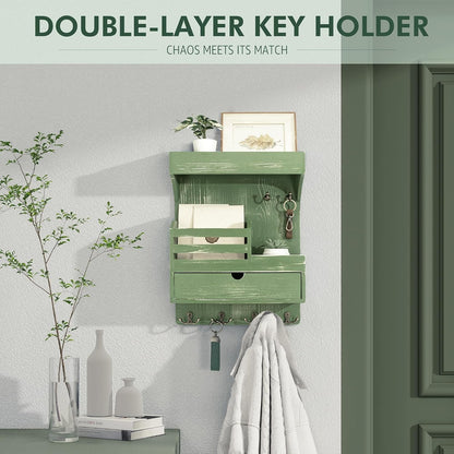 Rebee Vision Key Holder Wall Mount with Drawer Organizer for Entryway,Brown | Pine Wood, 6 Key Hooks, Display Shelf for Plants, Mail Slot for Storage Letter, Multi-Funtional Design, Home Storage