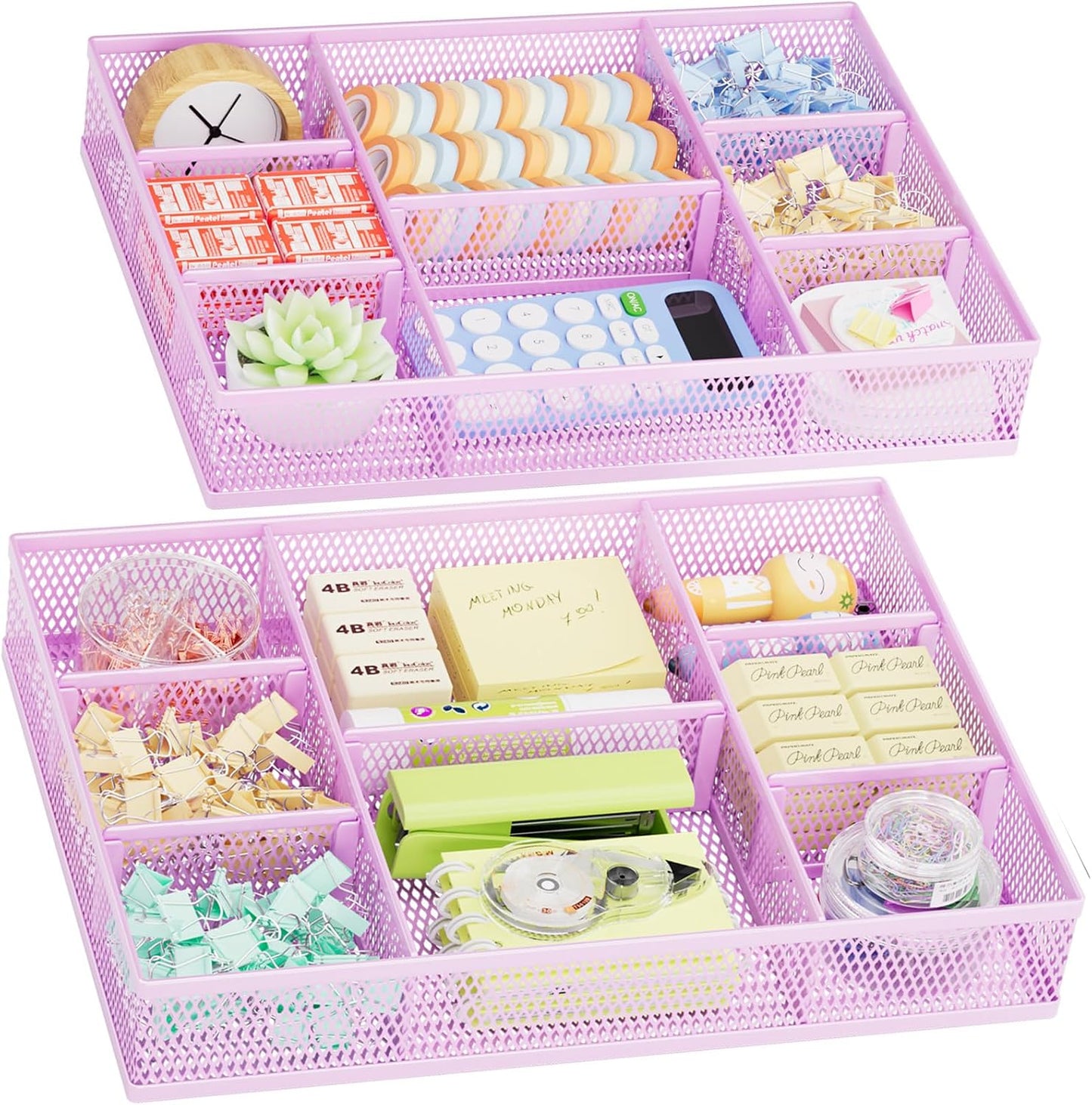 Marbrasse 2 Pack Desk Drawer Organizer, Mesh Drawer Organizer Tray with 8 Adjustable Compartments, Desk Organizers and Accessories, 5 Dividers Drawer for Office Supplies, Makeup & Vanity (Black)