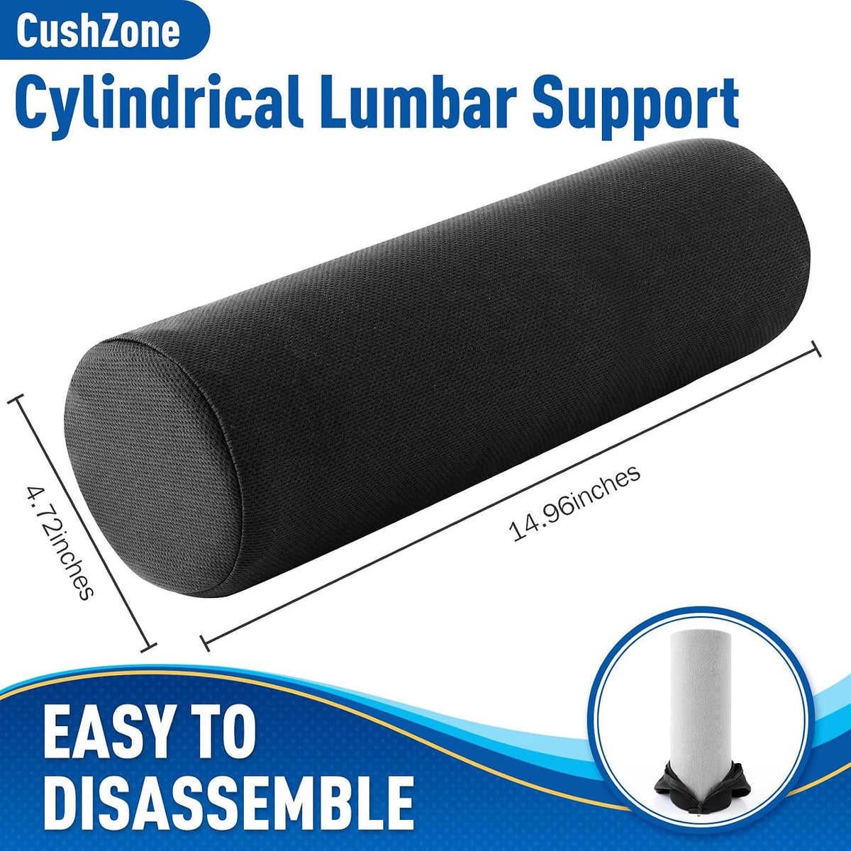 CushZone Lumbar Roll Support Pillow, Memory Foam Back Cushion, Black