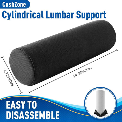 CushZone Lumbar Roll Support Pillow, Memory Foam Back Cushion, Black