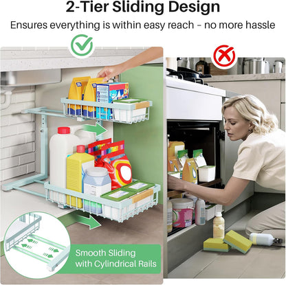 Kitstorack Under Sink Organizer, 2 Tier Under the Sink Storage, Slide out Pull out Cabinet Organizer Shelf, Metal Sliding Drawer for Kitchen Bathroom Pantry Closet Organization Rack, Black, 2 Pack