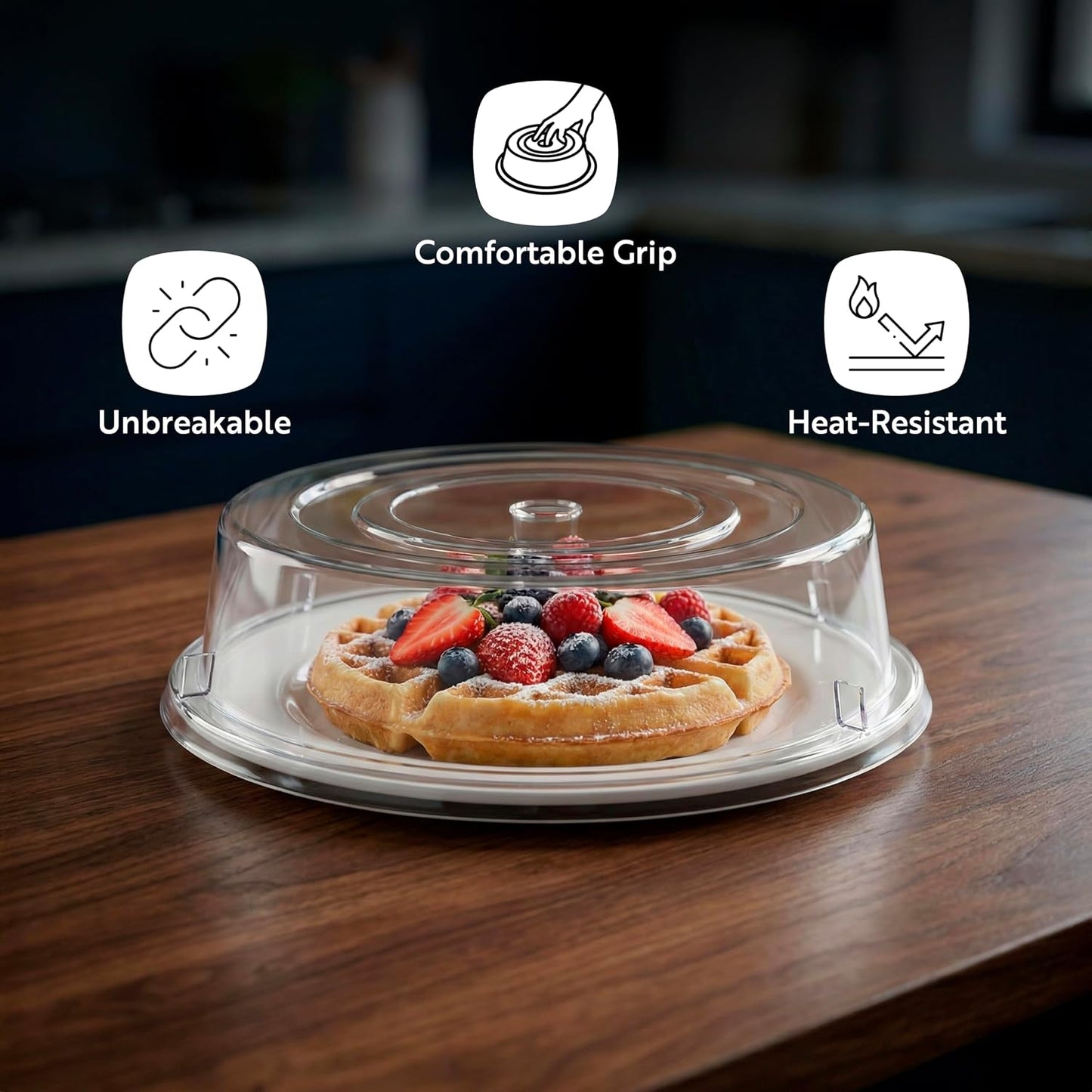 Restaurantware Cater Tek 11 Inch Polycarbonate Plate Cover 1 Shatterproof Dish Cover - Microwavable Endures Up To 210F Clear Plastic Splatter Cover With Finger Hole For 11 Inch Plates