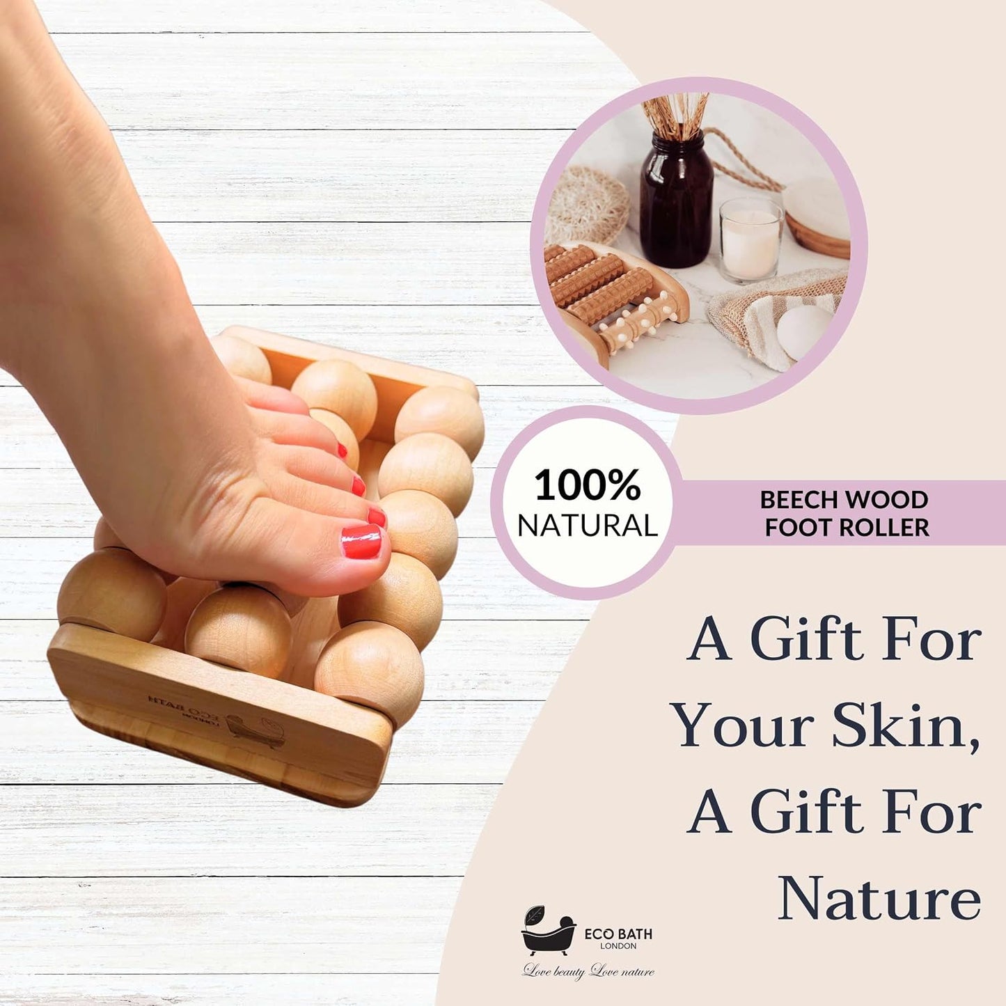 Eco Bath London Reflexology Foot Roller - Wooden Foot Massager for Plantar Fasciitis and Foot Pain Relief, Massage Roller for Improved Circulation