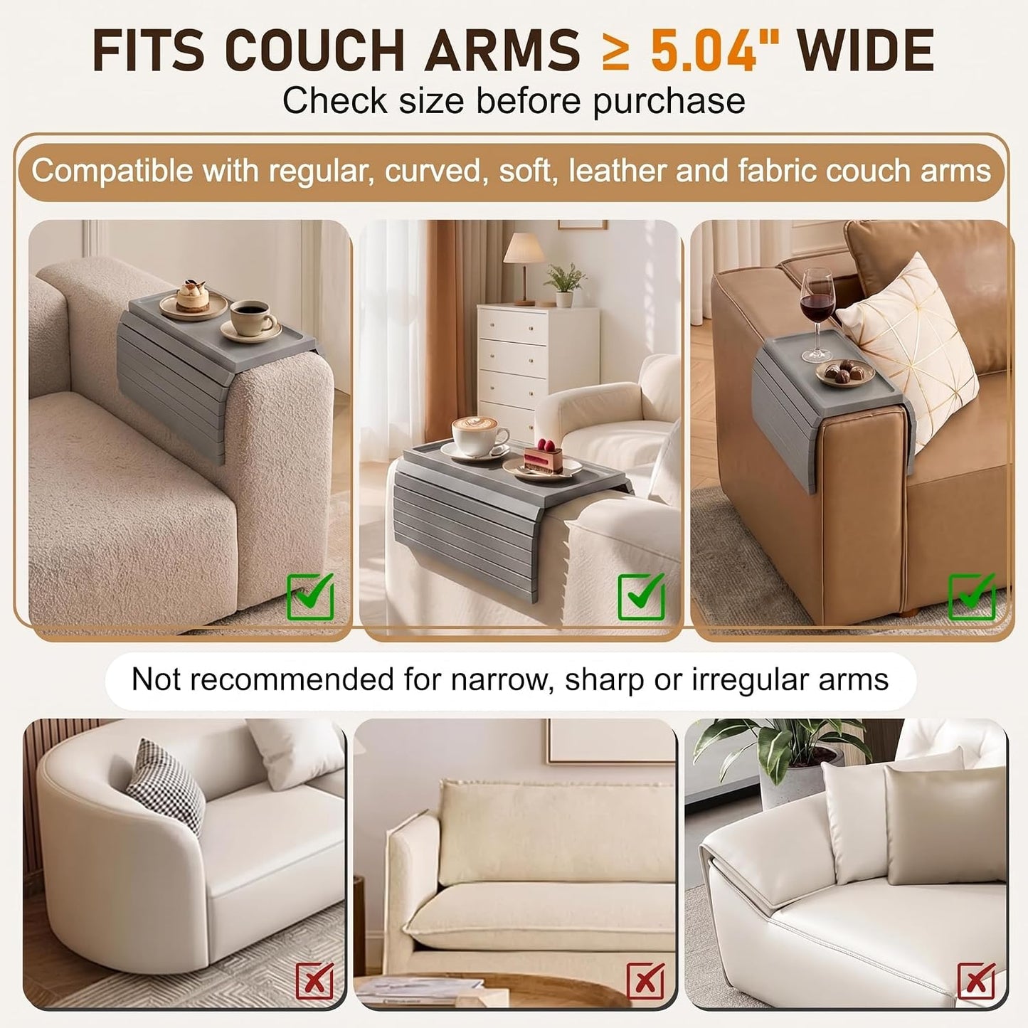 Acacia Wood Couch Armrest Table, Couch Arm Tray, Foldable Anti-Slip Wood Couch Tray, Sofa Cup Holder for Drink Snacks Remote Control