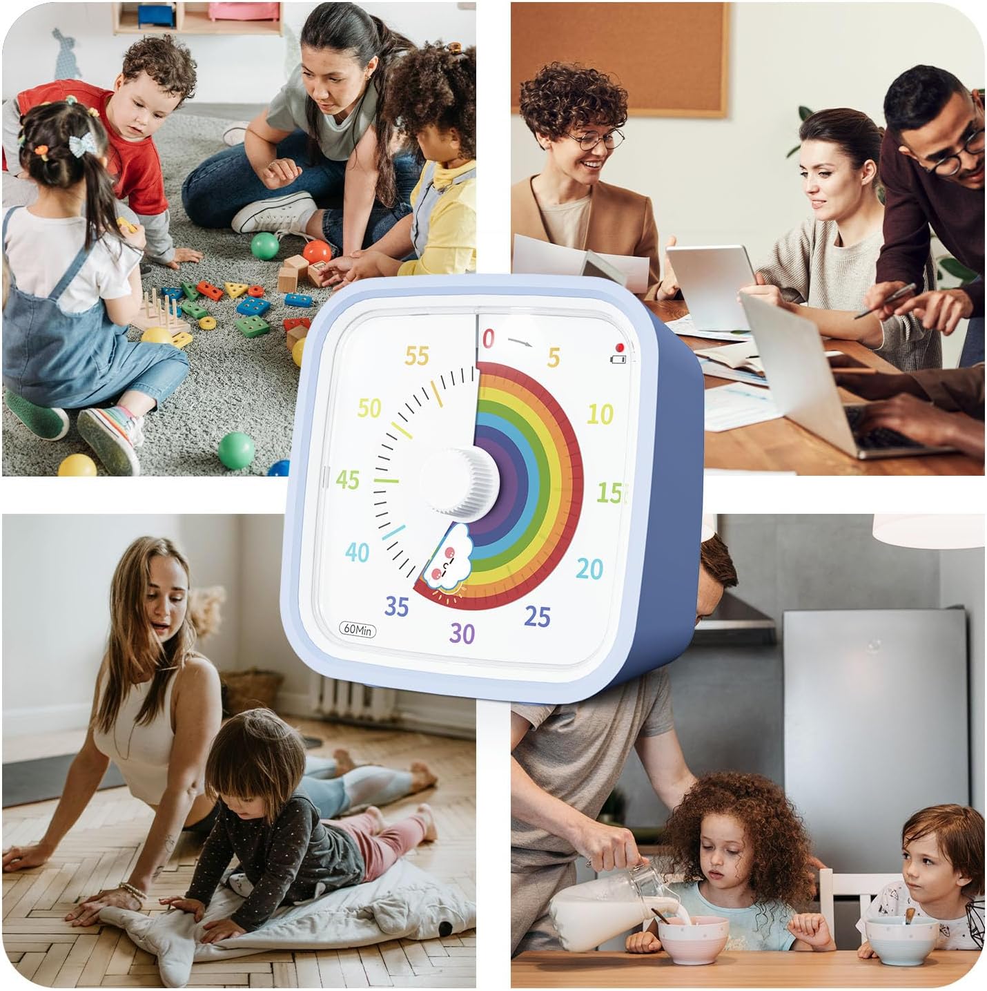 Yunbaoit Rainbow Visual Timer for Kids, 60-min Countdown Timer, Blue | Protective Case, No Ticking, Mute and Ringing Alarm Available, Time Management Tool, Low Power Reminder, for Study,Game,Work