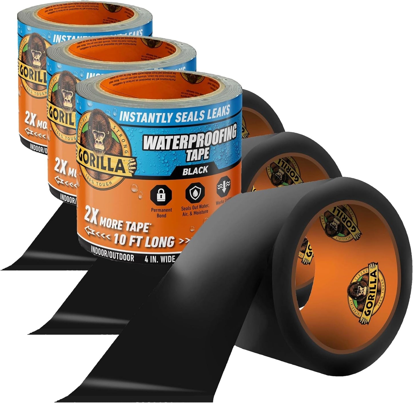 GORILLA Waterproofing Tape, Permanent, Black, 4" x 10', 1-Pack | Weather Resistant Seal for Leaks & Repairs, Air & Moisture Barrier, Bonds Metal, Plastic, Wood, Rubber & Vinyl