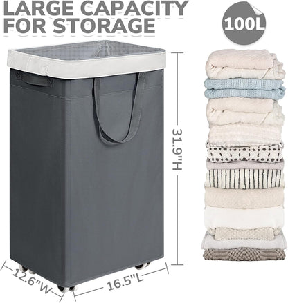 CHICVITA 75L Large Rolling Laundry Basket with Wheels & Wash Bag, Grey | Collapsible design saves space for corner dorms. Removable wash bag for easy laundry transport