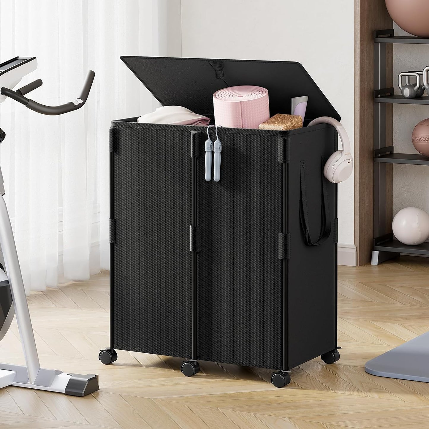 140L Double Laundry Hamper with Lid and 6 Wheels, Rolling Laundry Basket | Gasvadivum Metal Frame Laundry Sorter 2 Section with 2 Removable Bags, Large Clothes Cart for Bedroom, Bathroom, Black