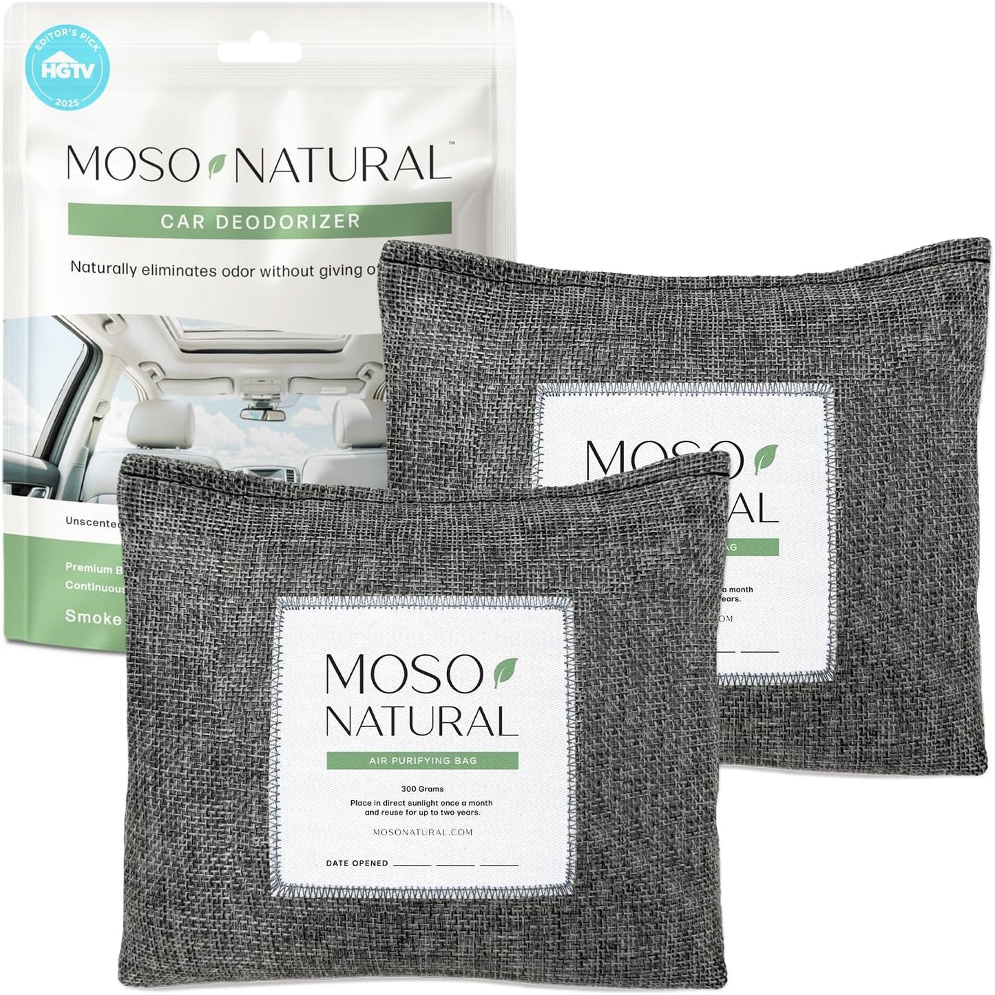 Moso Natural Car Odor Eliminator & Charcoal Odor Absorber, Bamboo Charcoal Air Purifying Bag for Cars, Trucks, SUVs, RVs & Boats — Unscented Deodorizer, Lasts 2 Years, HGTV Editors' Pick