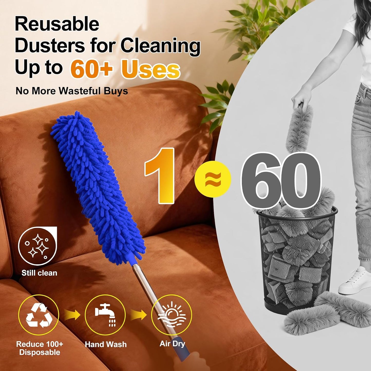 Tiumso Microfiber Feather Duster 5-in-1 Kit, Dusters for Cleaning, Duster with Extension Pole 100 Inches, Cobweb Duster, Microfiber Dusters for High Ceilings and Fans, Blinds, Cars and Furniture