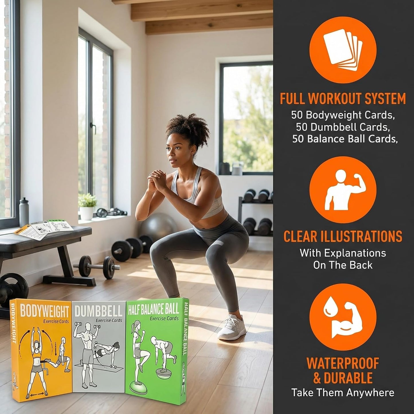 Bodyweight & Dumbbell Workout Cards - 100 Large 5"x3.5" Exercise Cards with 24 Strength Moves, Home & Gym Fitness Cards for Men & Women, Beginner Fitness Guide