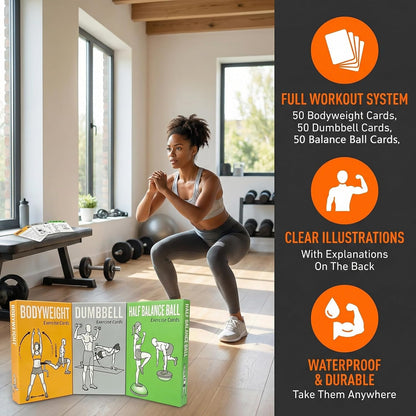 Bodyweight & Dumbbell Workout Cards - 100 Large 5"x3.5" Exercise Cards with 24 Strength Moves, Home & Gym Fitness Cards for Men & Women, Beginner Fitness Guide