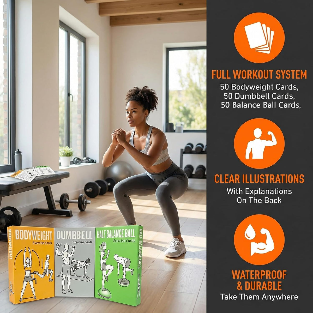 Bodyweight & Dumbbell Workout Cards - 100 Large 5"x3.5" Exercise Cards with 24 Strength Moves, Home & Gym Fitness Cards for Men & Women, Beginner Fitness Guide